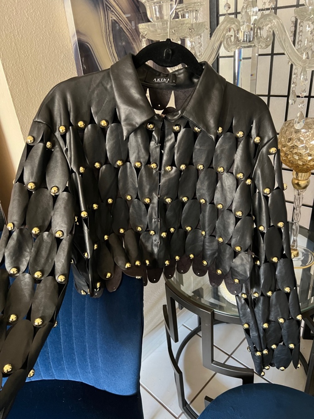 ✨AKIRA Black Cropped Studded Scalloped Leather-Look Shirt✨ - Picture 12 of 14